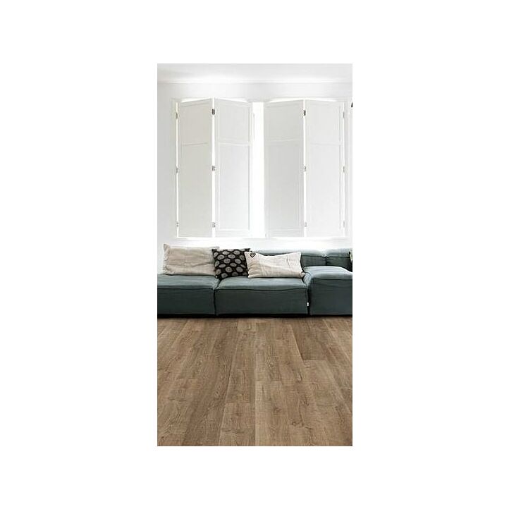 Parquet laminado de roble riva marrón de la marca quick-step de la serie eligna en un ambiente de habitación.