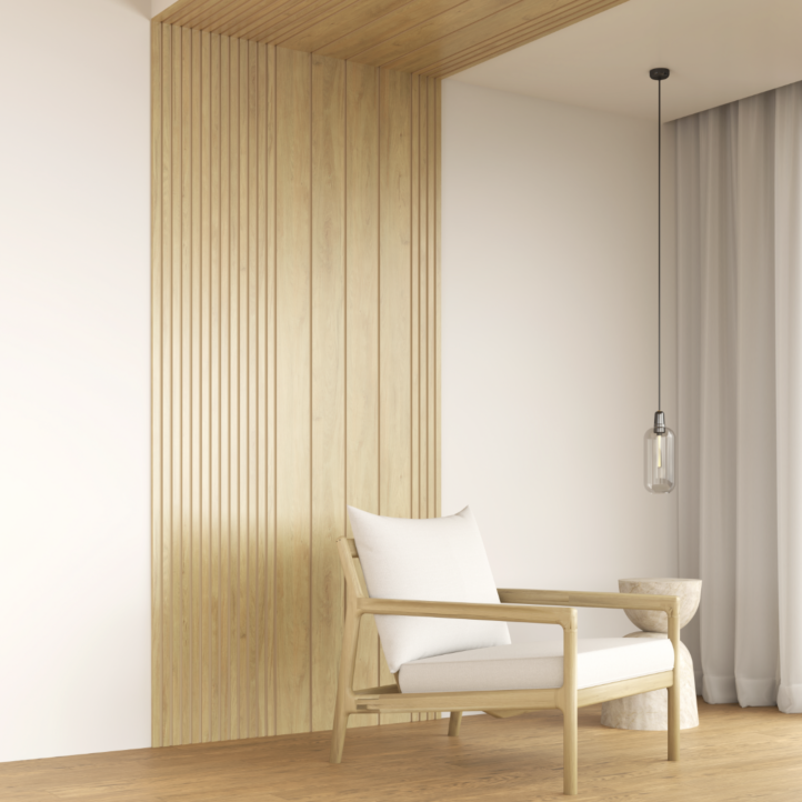 Revestimiento de pared de PVC alistonado color beige instalado en un salón