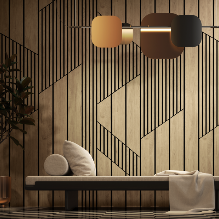 Revestimiento de pared de PVC alistonado color marrón instalado en un salón