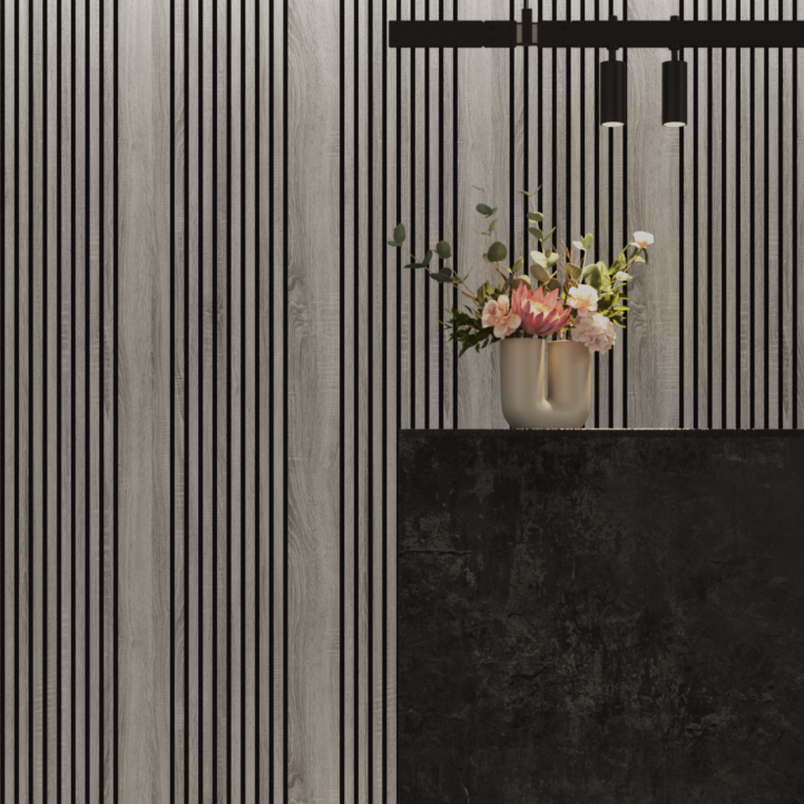 Revestimiento de pared de PVC alistonado color gris instalado en un salón