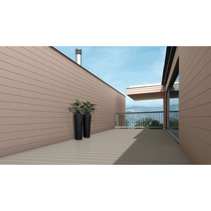 Exterior cdeck de carbono-cork en lama alveolar de color beige rosado en ambiente de terraza exterior.